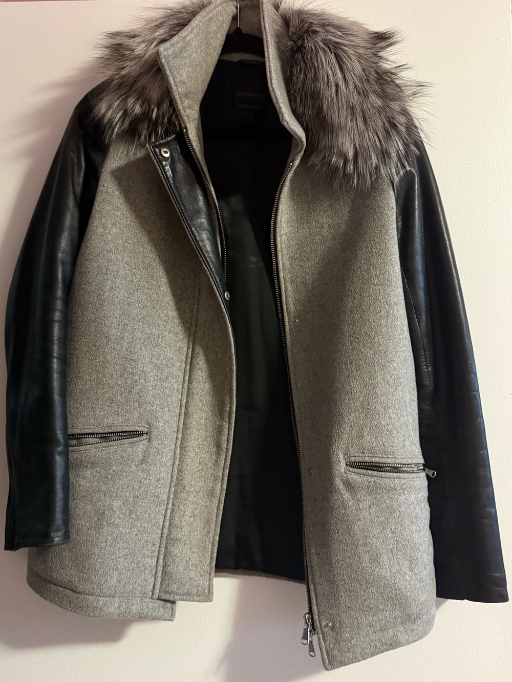 Danier Grey Wool-Blend Coat with Black Leather Sleeves and Silver Fox Fur Trim